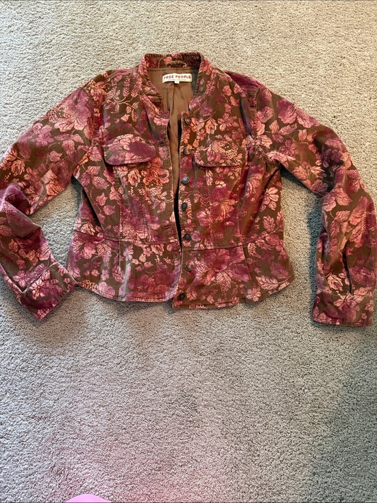 Free People Jackets & Blazers - Free People Floral Jacquard Jean Jacket in Burgundy and Olive